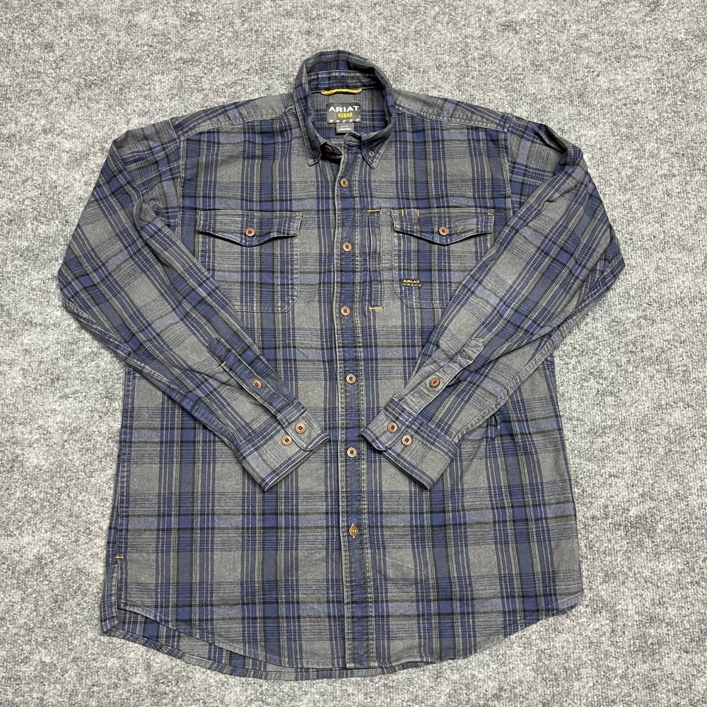 Ariat Rebar Shirt Mens Medium Blue Flannel Plaid Long‎ Sleeve Button Up Workwear